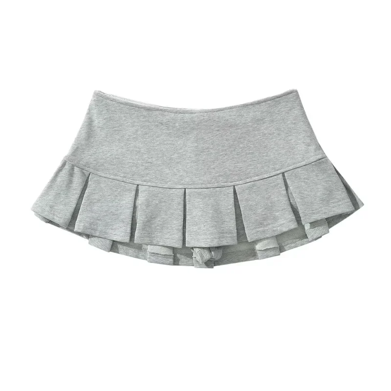 New Women's  Fabric Low Waist Y2K Mini Skirt Wide Pleat Decoration Light Grey  A Line Skort