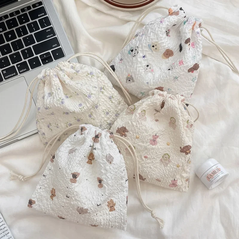 

Women Korean Flower Plants Drawstring Cotton Storage Bag Candy White Pink Jewelry Organizer Makeup Cosmetic Coins Keys Bags