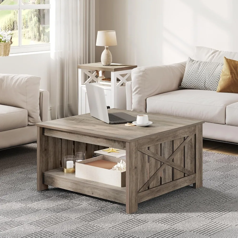 Coffee Table Farmhouse Coffee Table with Storage Rustic WoodCocktail Table,Square Coffee Table for Living Meeting Room with Half