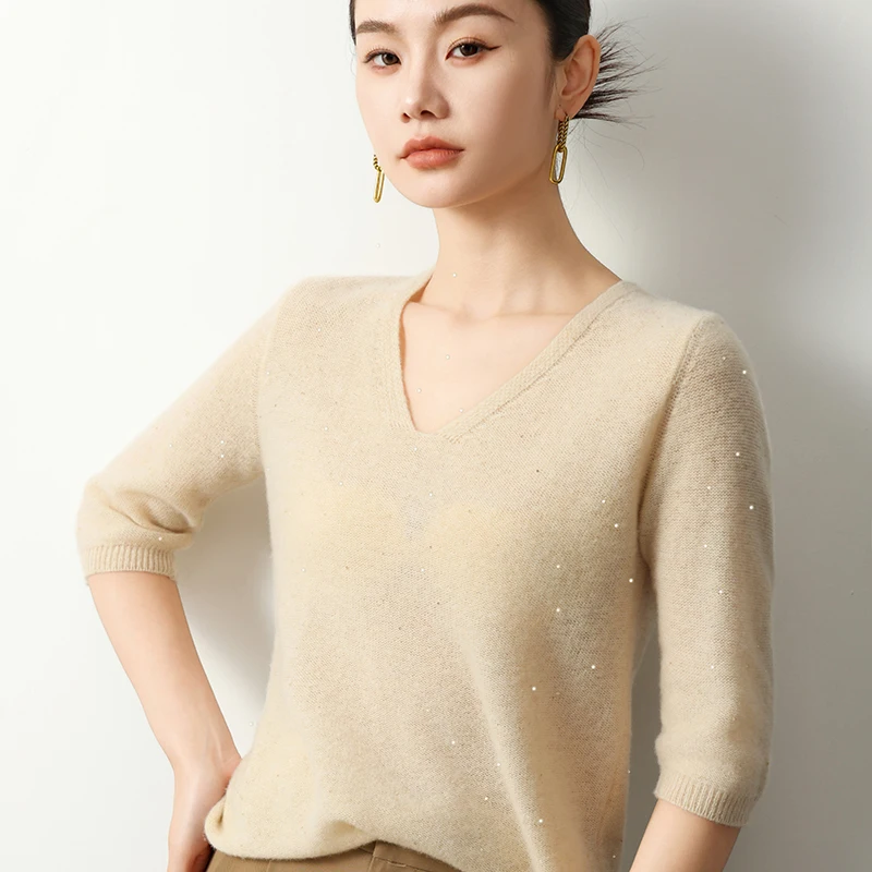 Autumn and winter V-neck knitted sweater women's wool sequined mid sleeve T-shirt loose slimming base sweater thin design