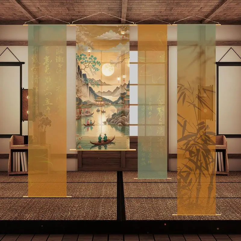 ✨ Hanging Room Divider – Japanese Ink Wash Mountain Print Semi-Sheer Chiffon Screen, Zen Garden Partition for Tea Room