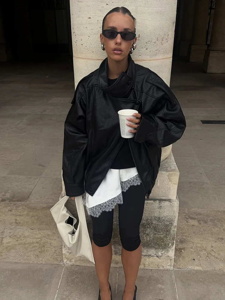 HH Autumn Women Street Style Loose Coats Woman Elegant Asymmetric Button Pocket Long Sleeves Black Zipper Slim Jackets