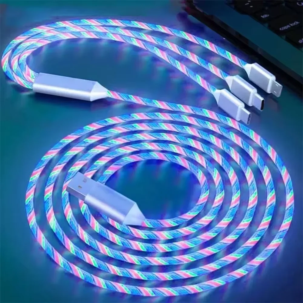 3in1 Luminous Fast Charging Cable Cord Glowing LED Cable for iPhone Samsung Xiaomi