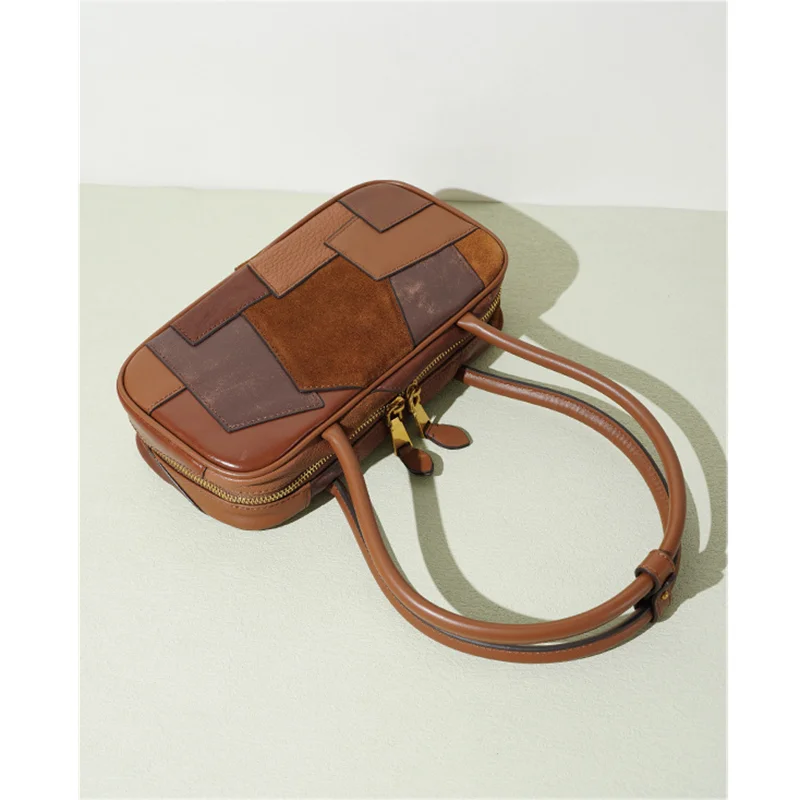 

New Handbag High Quality Leather Patch Bag Contrast Color Bowling Bag Gold Chain Stitching Layered Cowhide Shoulder Bags