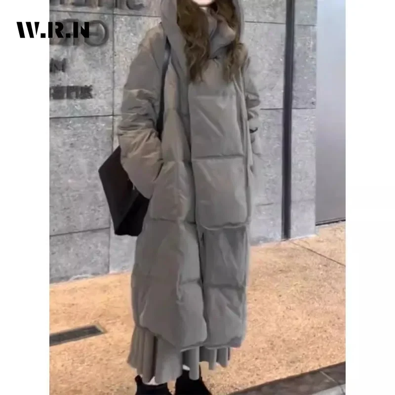 Women\'s Vintage Casual Long Sleeve Outerwear X-Long Parkas Solid Color Harajuku Jacket 2024 Winter Retro Hooded Warm Coat