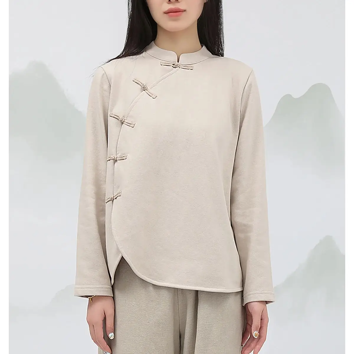 LZJN New Chinese Style National Wind Shirt, 2025 Spring Retro Zen Loose Oblique Collar Short-Length Long Sleeve Solid Color Top