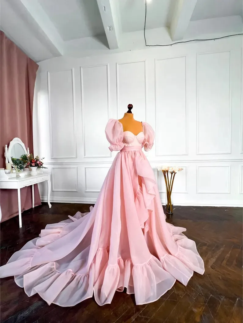 Mila Puff Sleeve Prom Dresses Princess Customized A-Line Luxurious Pink Evening  Dresses Cathedral Train vestidos de fiesta 2025