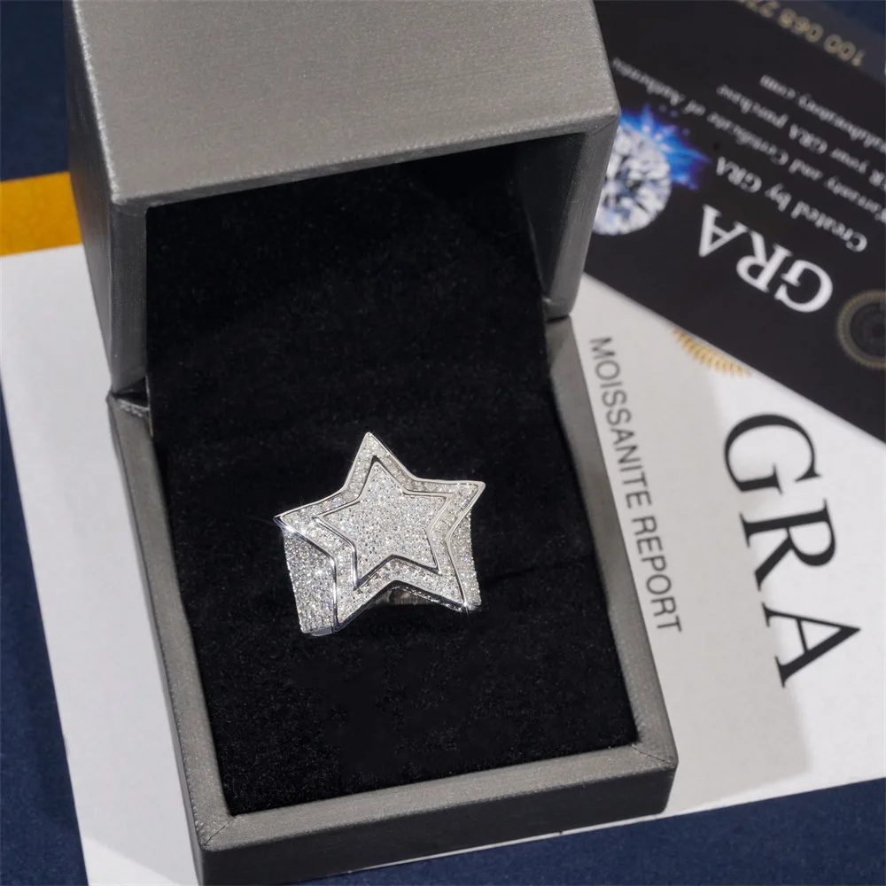 

Кольцо со звездой из муассанита S925 цвета D VVS, пятиточечные ювелирные изделия в стиле хип-хоп, альтернативный ремешок с бриллиантами, выращенный в лаборатории