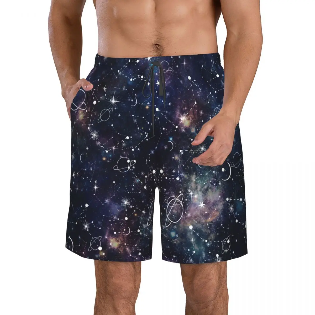 Men's Beach Short Swim Shorts Night Time Planet And Star Constellation Galaxy Print Surfing Sport Board Shorts Swimwear