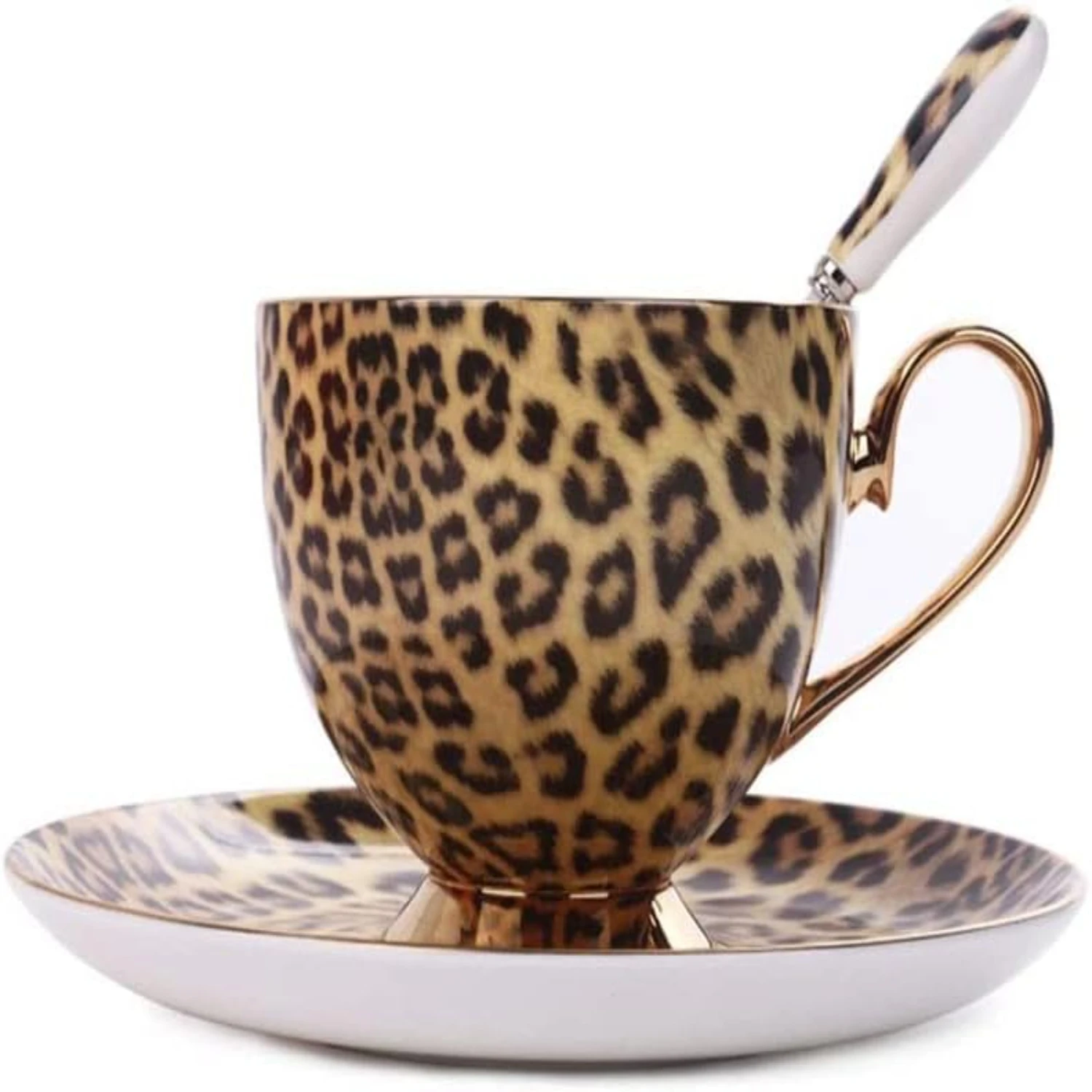 Elegant and luxurious leopard print ceramic coffee mug set, perfect for discerning coffee enthusiasts in any work environment. I