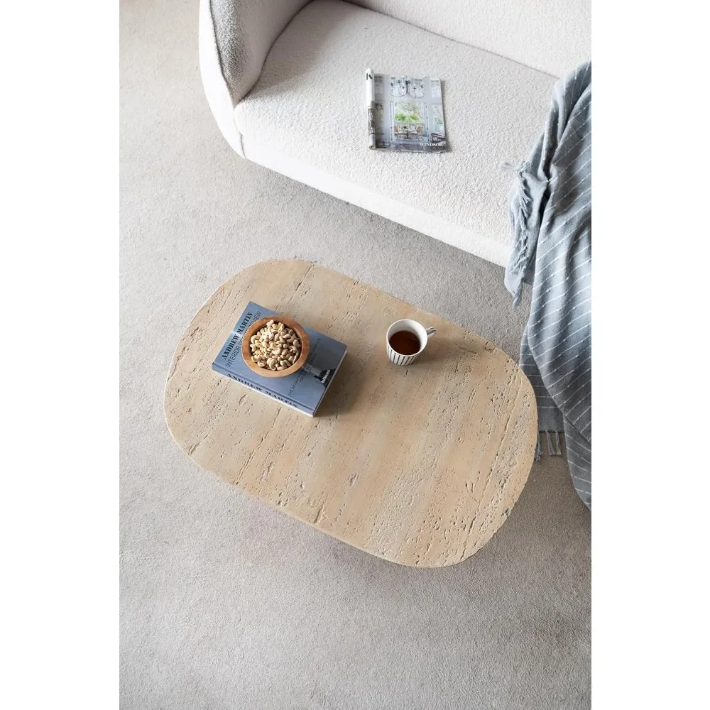 Mesa de Centro Ovalada de 36 Pulgadas, Moderna, con Aspecto de Piedra, Mesa de Té de Travertino para Sala de Estar, Magnesio, Personalizable