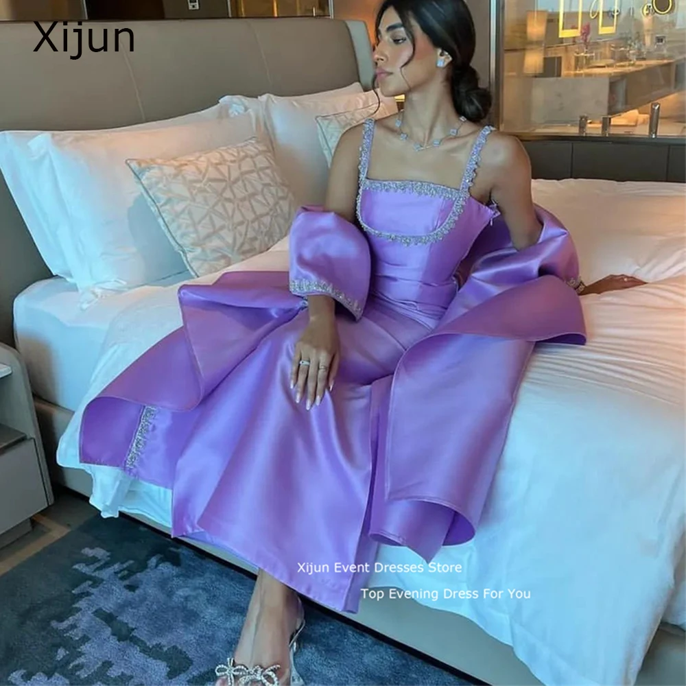 Xijun Luxury Purple Evening Dress Satin Prom Gown Saudi Arabric With Jacket Formal Ctystal Bead Long Prom Dresses For Women 2023