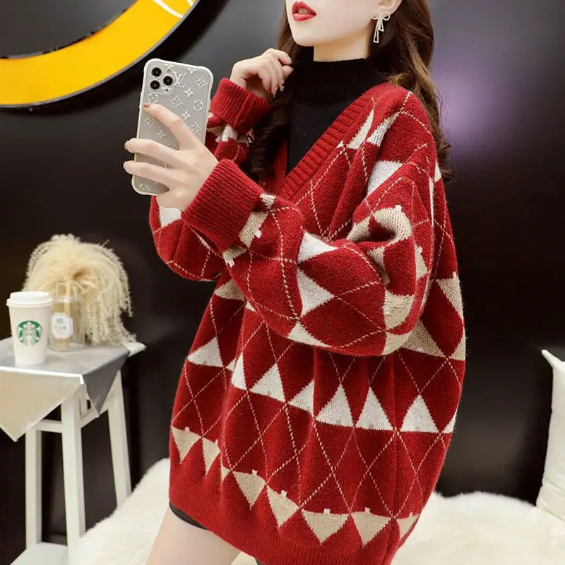 

Fashion Diamond Grid Fake Two Piece Pullover Sweater for Women Autumn Winter Loose Warm High Street Knitted Top Women Clothing