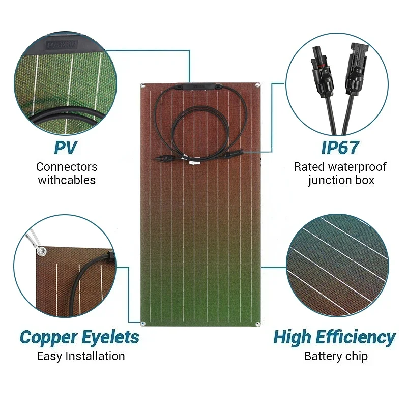 Imagem -03 - Kit de Painel Solar Flexível Módulo Fotovoltaico de 300 Watts 600 Watts 12v 24v Célula de Cabo Solar para Casa Carro Barco Bateria Acampamento Viagem