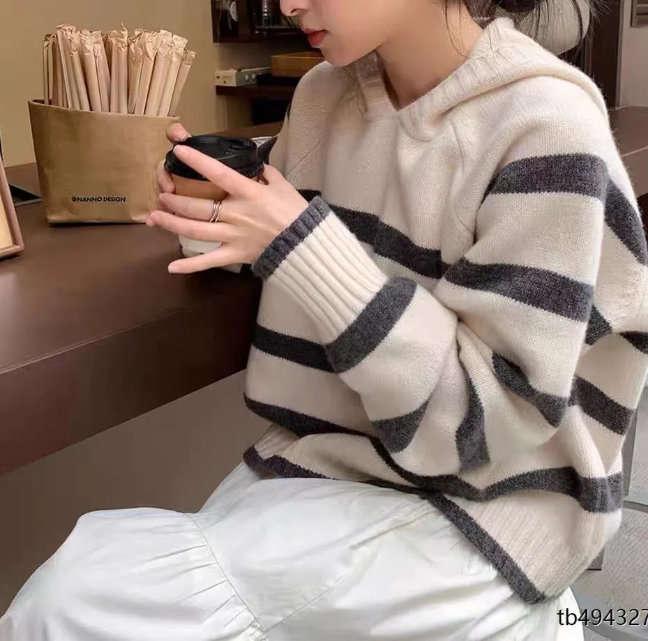 

Korean Style Hooded Sweater Women Loose Lazy College Style Soft Waxy Striped Fashion Knitted Coat Pullovers Autumn Winter L442