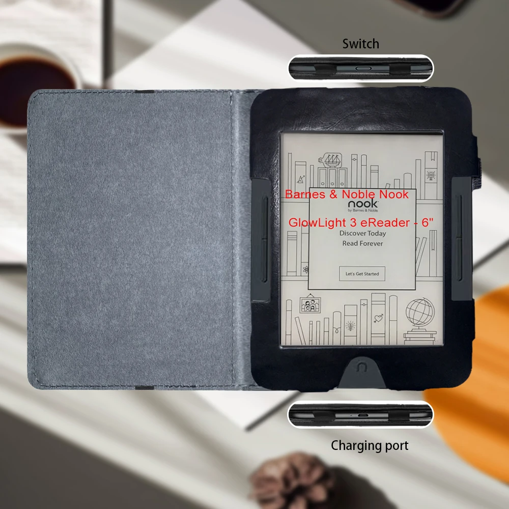 Folio Leather Funda Cover For Barnes & Noble Nook GlowLight 3 eReader - 6
