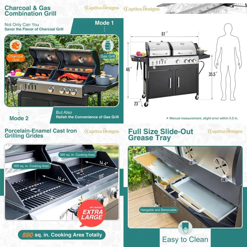 

Гриль-комбо на пропане и уголь с боковой горелкой и чугунной решеткой с фарфоровым покрытием, двухтопливный гриль для барбекю на открытом воздухе