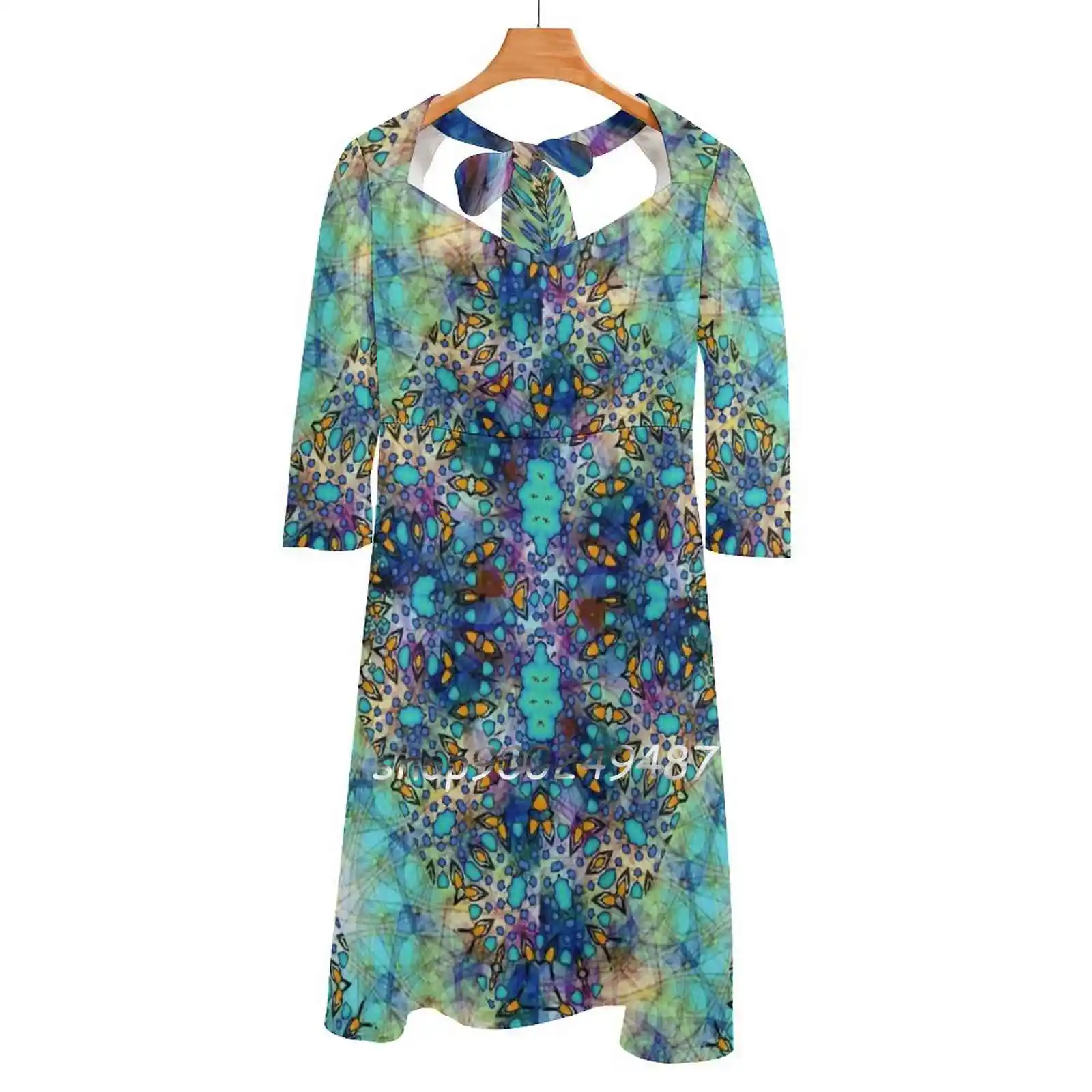 Watercolor Batik Blue Prism Evening Party Dresses Midi Sexy Dress Female Sweet One Piece Dress Korean Blue Pattern Batik Hippy