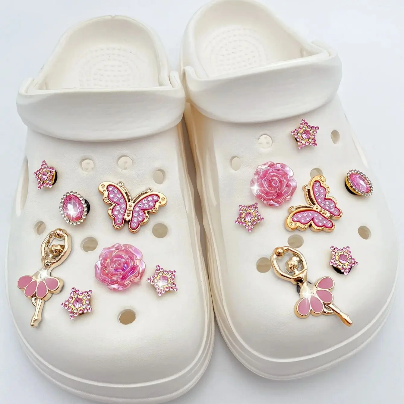 14 morceaux de papillon diamant rose, roses, filles dansantes, quelques pierres précieuses en poudre ABS percées, accessoires de chaussures étoile à cinq branches - e