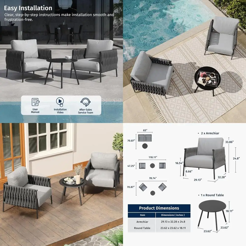 

3-Piece Outdoor Patio Furniture Set with Cushions | Grey Deep Seating Chairs & Table | Ideal for Garden, Porch, Balcony, Backyar