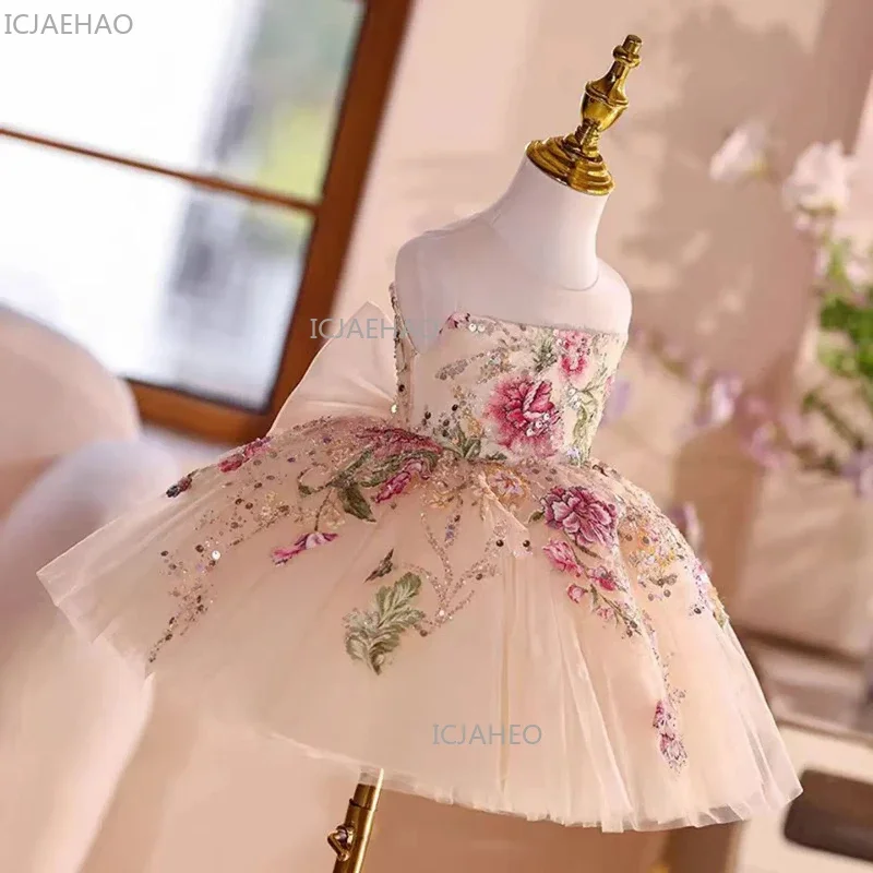 

Платье для девочки на заказ: нарядное платье для свадьбы, первого Рождества, вечеринки, с вышивкой, пайетками и тюлем, платье принцессы для детей