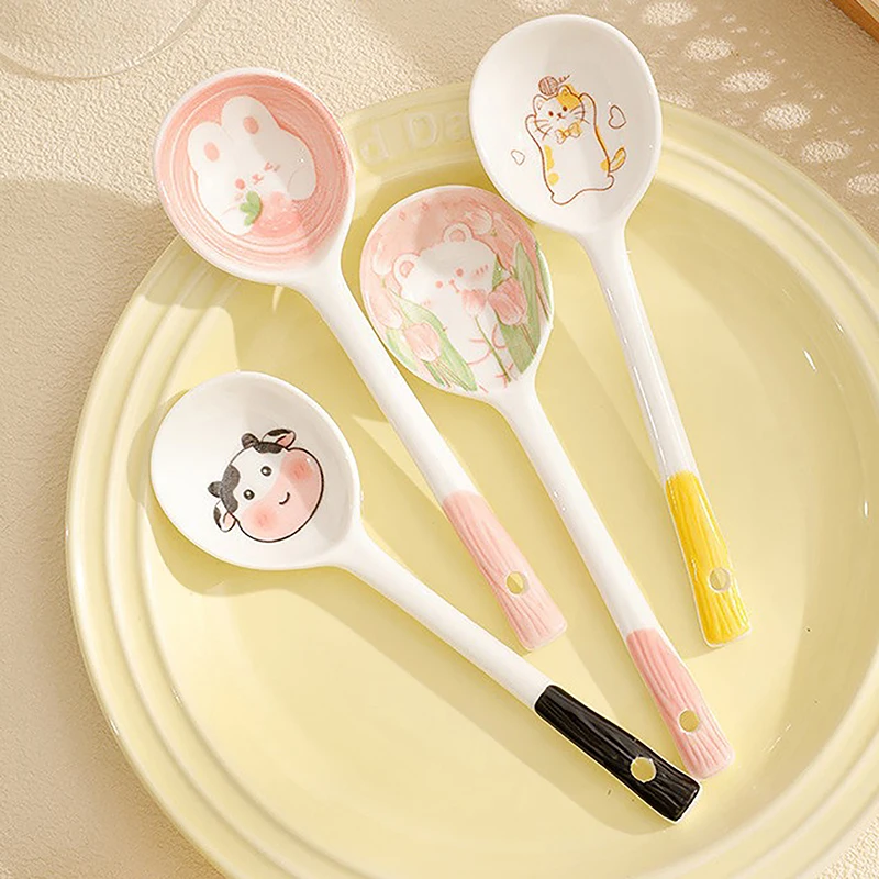 Ceramic Soup Spoon Cereal Spoon Cute Household Tableware Painted Coffee Spoon Jam Spoon Gift Dessert Scoop Kitchenware