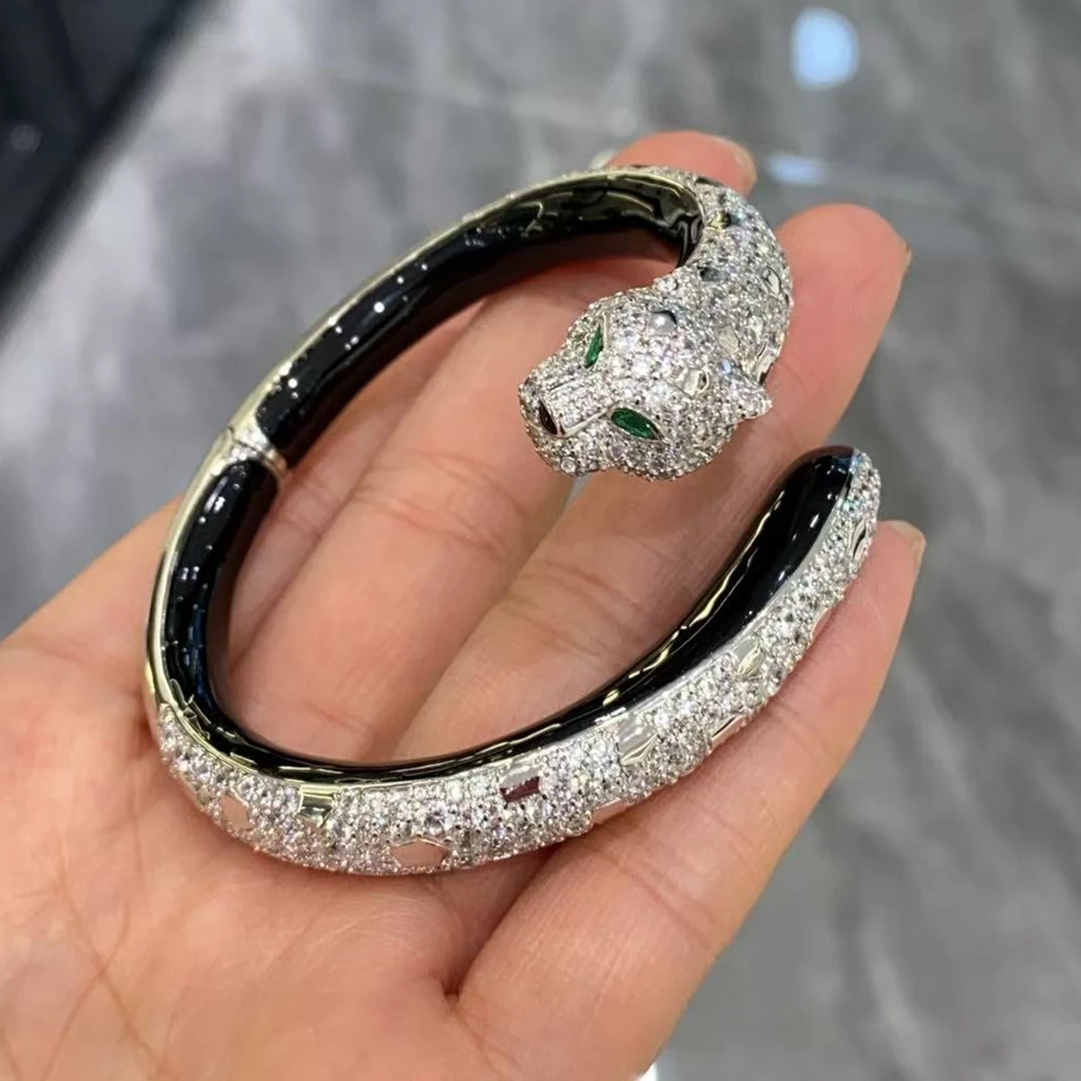 AYJEWELRY New Trendy High Quality 925 Silver Black Enamel Carbon Diamond Leopard Cuff Bangles Bracelet Panther Jewelry for Woman