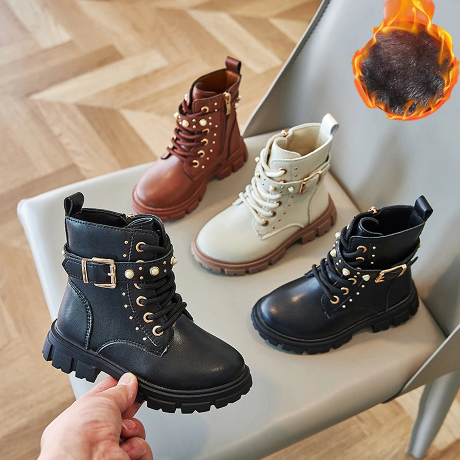 

fleece-lined Girls Ankle Boots Fashion Non-slip Boys PU Leather Short Boots Children Boots Fall Toddler Girl Boots