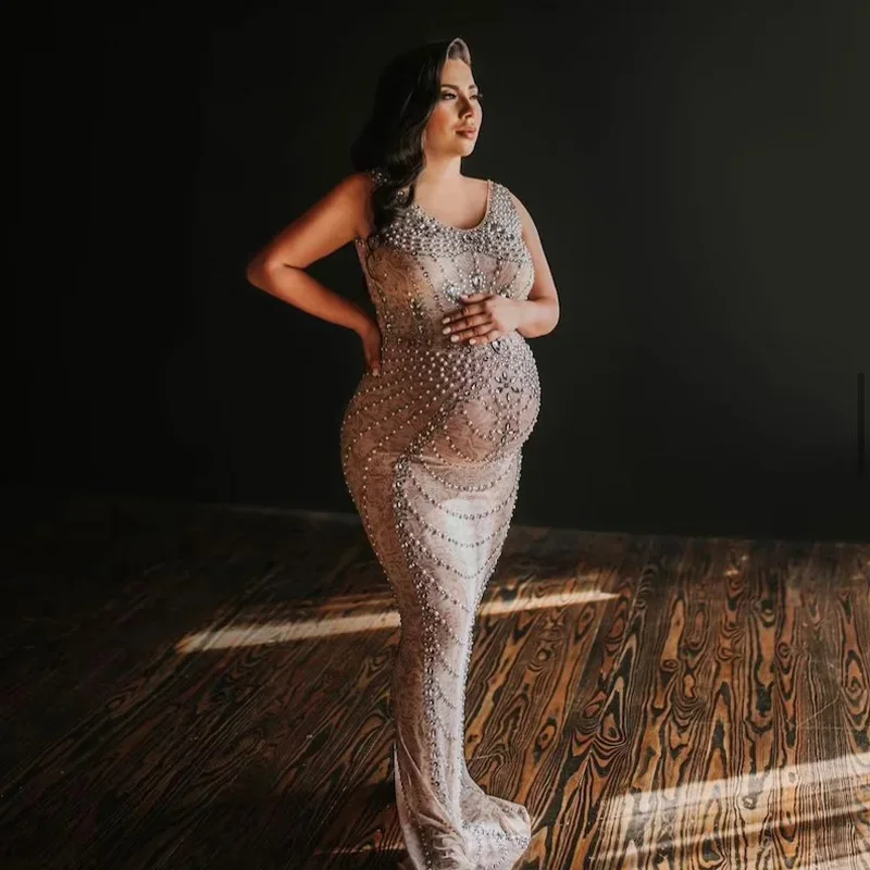 Trending Products 2024 Shiny Diamonds Blingbling Withe Sexy Plus Size Dress Maternity Dresses Pregnant Women with Pearl