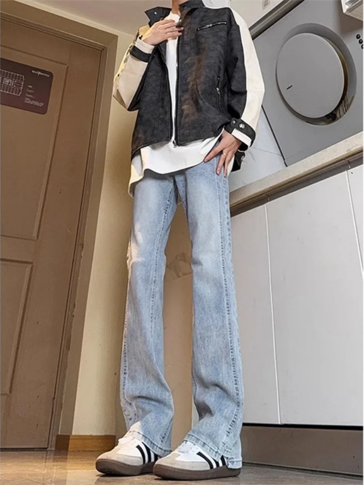 

Светло-голубые эластичные джинсы с микро-клешем для мужчин, осенне-зимние модные прямые джинсы Cleanfit, длинные брюки