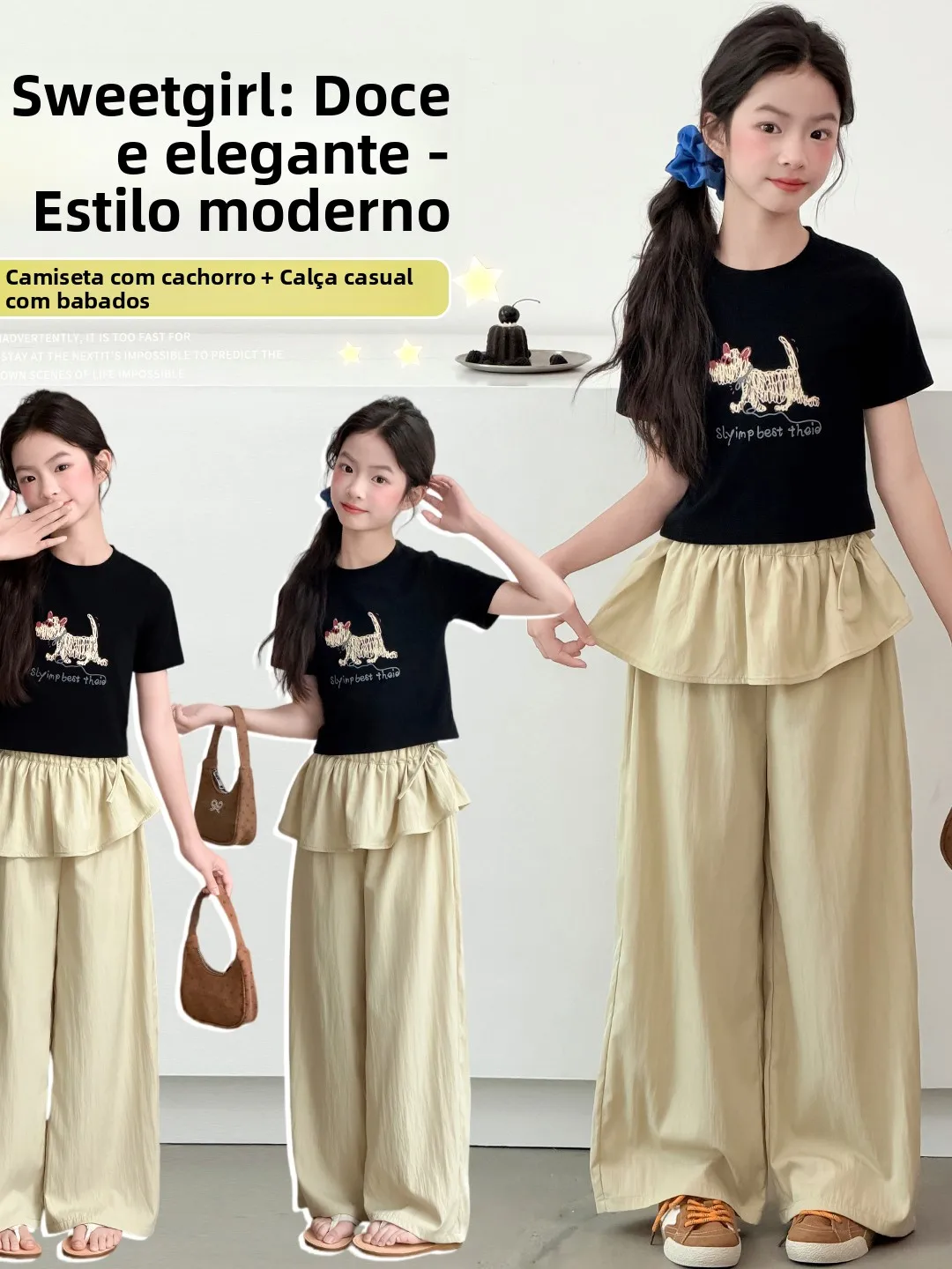 女の子用サマーカートゥーンtシャツカジュアルツーピースセット、トレンディで多用途な中高学年向け韓国風オールマッチアンサンブル、通気性のあるメッシュ素材