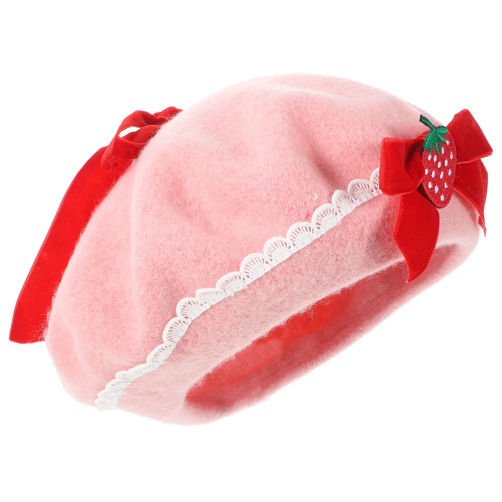 Berets Strawberry Bow Woolen French Beret Hat Wool Cap 56-58Cm Handmade Fashion Warm Hat Gift Halloween Christmas Xmas