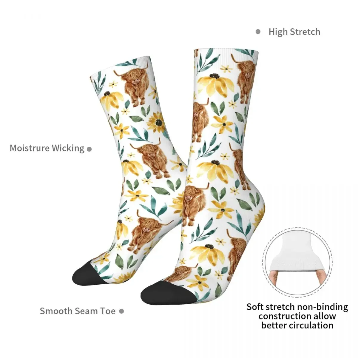 Highland Cow With Sunflowers Socks Harajuku Sweat Absorbing Stockings All Season Long Socks Accessories for Birthday Present