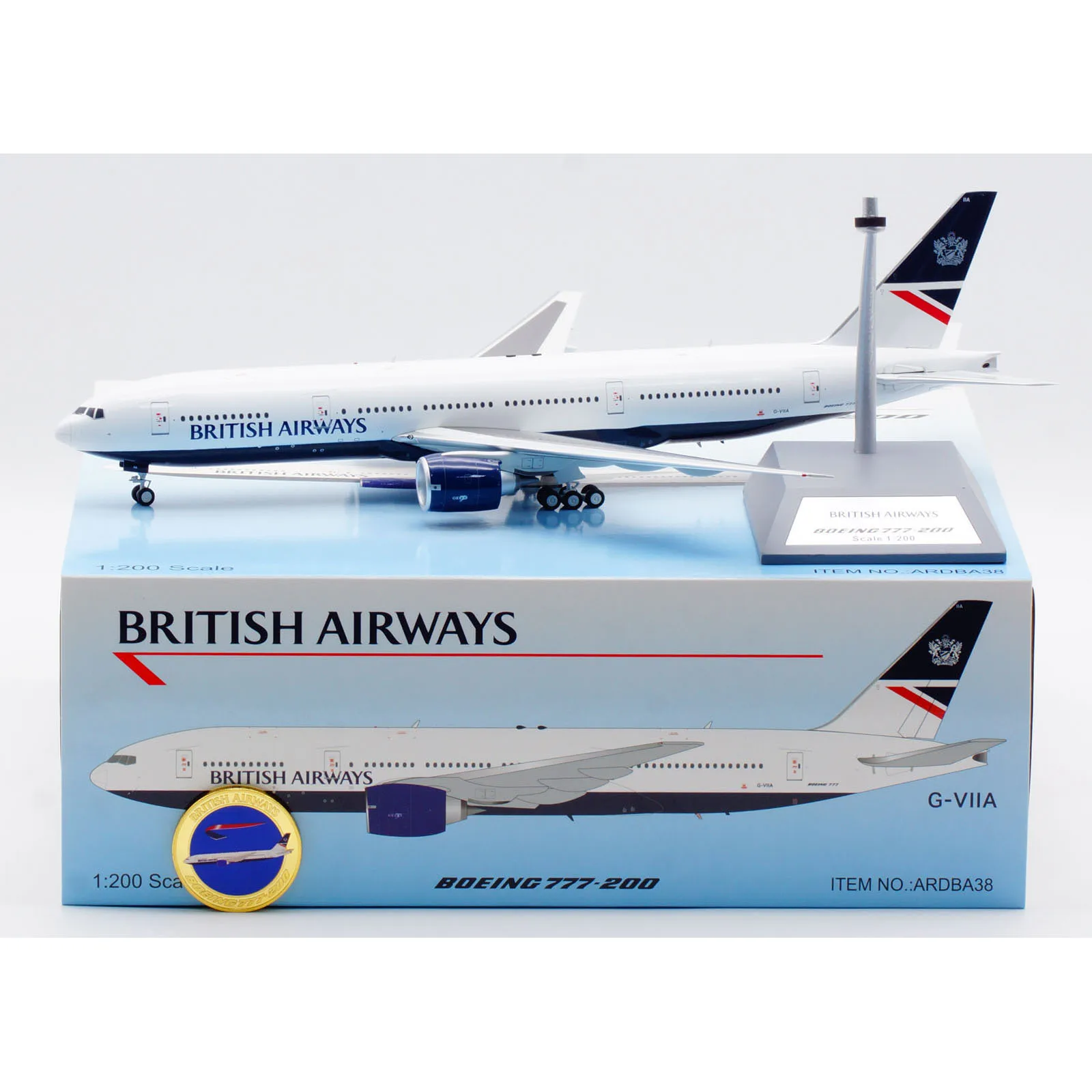 ARDBA38 Alloy Collectible Plane Gift ARD 1:200 British Airways Boeing B777-200er Diecast Aircraft Jet Model G-VIIA & Coin