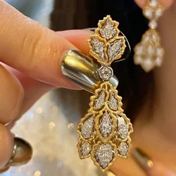 Exaggerated retro geometric long earrings for women  copper inlaid with diamonds luxury wedding engagement leaf earings jewelry