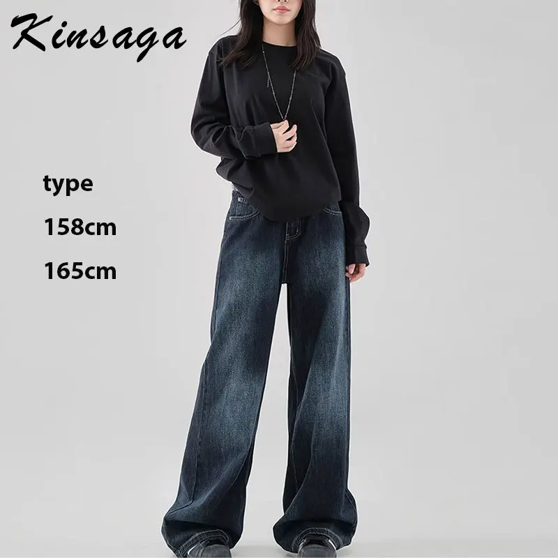 Kinsaga Dark Blue Pear Shape Loose Straight Jeans Women Korean Fashion Vintage Wash Gradient Color Mopping Wide Leg Jeans 150cm