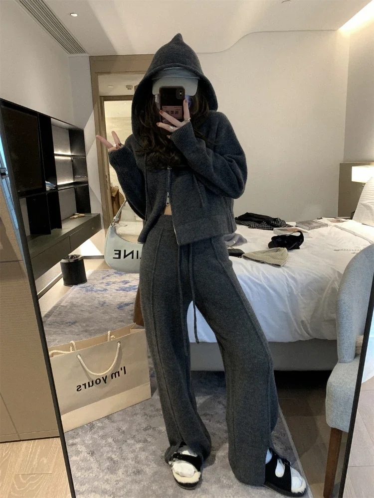 Women Two Piece Set Tracksuit Hooded Sweater Autumer Winter Thickened Knit Cardigan Zipper Wide Leg Pants Sets Casual Luxury