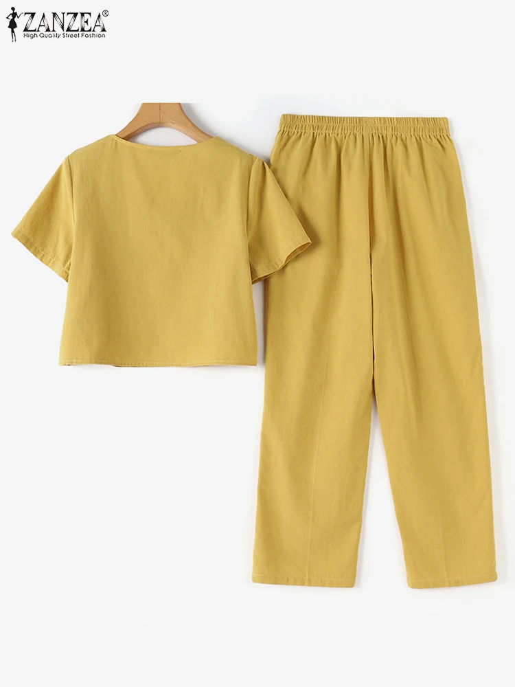 Women Casual Cotton Pant Sets ZANZEA 2025 Summer Square Neck Short Sleeve Tops and Elastic Waist Pant 2pcs Outfits Commute Solid