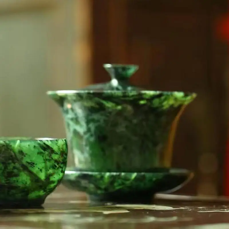 Tibetan Medicine King Stone Cover Bowl Chinese Tea Ceremony Natural Green Jade Handmade Gaiwan Healing Magnet Kung Fu Teaset