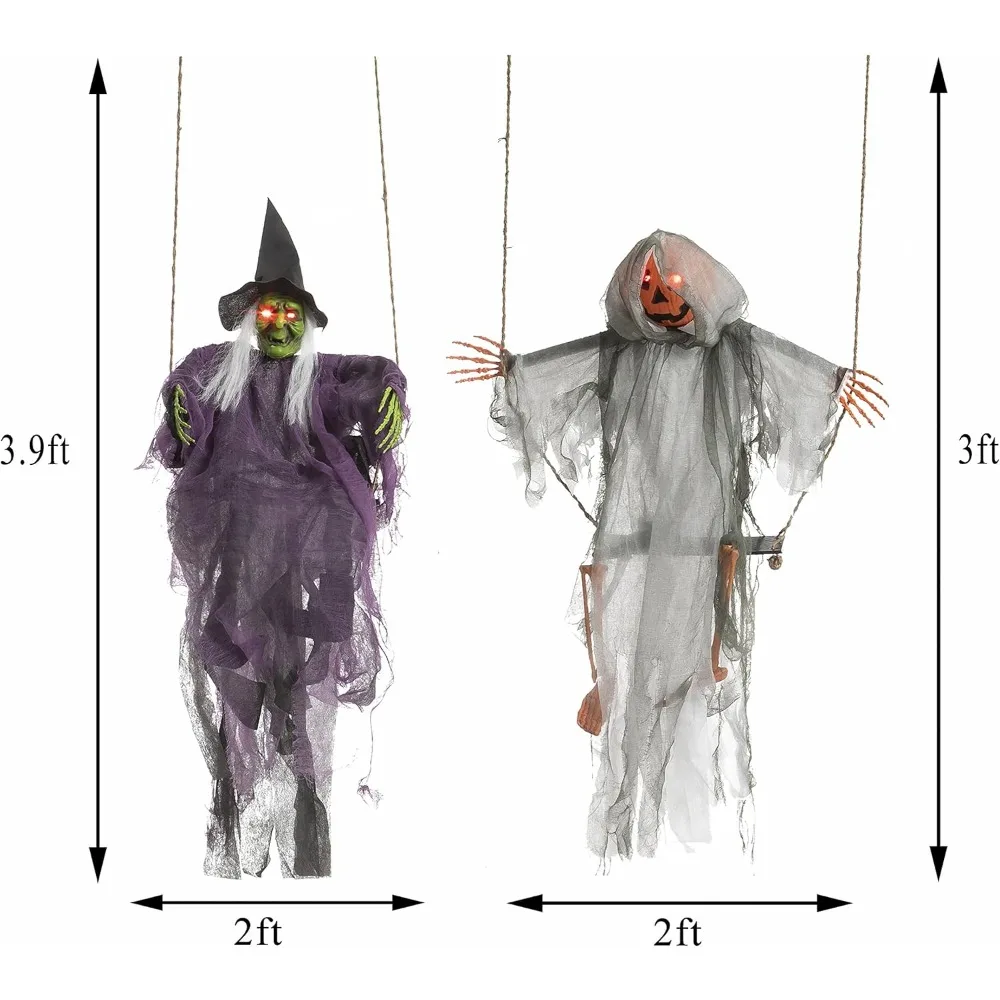 Outdoor Halloween Decorations 2 Packs Hanging Ghosts Halloween Decor with Lighted Up Eyes, 3ft Scary Grim Reaper Halloween