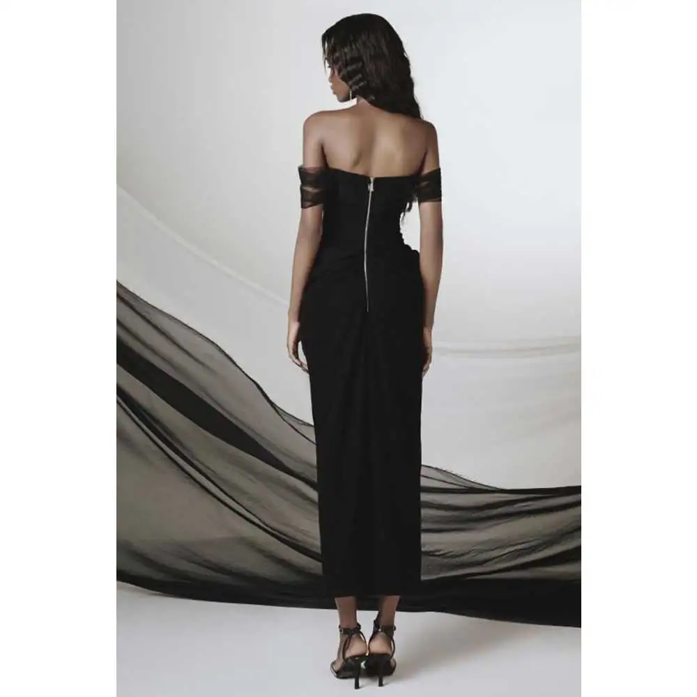 YUNLAN Luxury Black Tulle Off Shoulder Birthday Party Evening Dress 2024 Dubai Wedding Ball Guest Ankle Length Rhinestone Dress