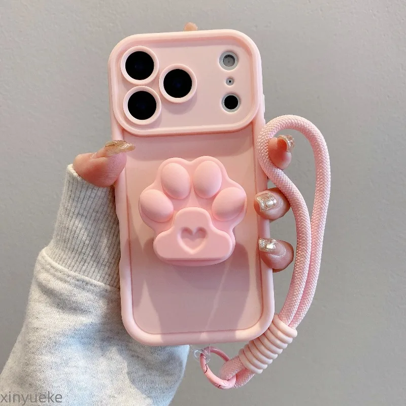 Cute Cat Paws Stand With Lanyard Phone Case For iPhone 17 Air 16 15 14 13 12 11 Pro Max 16E XR XS Max 7 8 Plus Shockproof Cover
