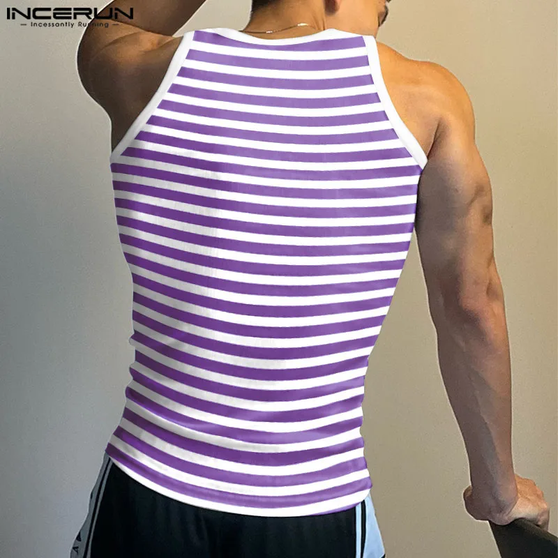 INCERUN Men\'s Striped Tank Tops Square Collar Sleeveless Fitness Summer Male Vests Streetwear 2024 Fashion Casual Men Clothing