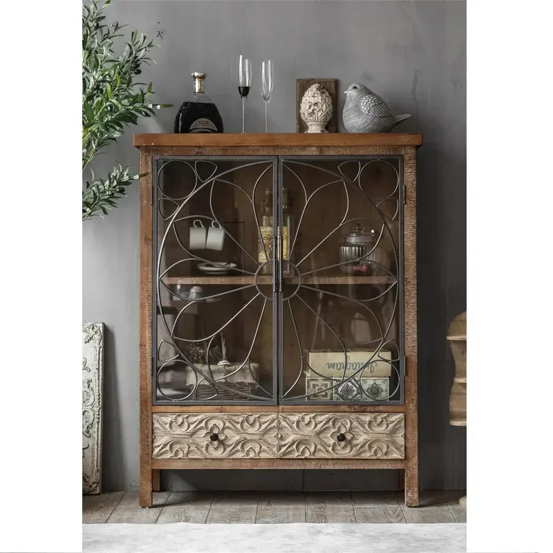 

Hot SalesMinhui Vintage Home Furniture Solid Wood And Iron Wine Sideboard Restaurant Living Room Display Cabinet