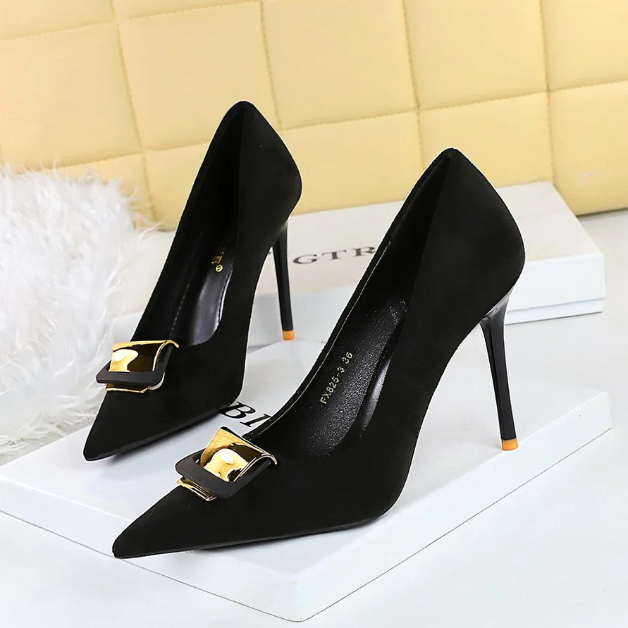 

Women's Elegant Shoes European American Sexy High Heels Ladies Shoes Shallow Mouth Pointed Toe Metal Buckle Women's Black Shoes