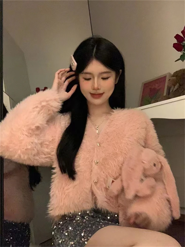 Colorfaith SWC9012JX New 2023 Pink Elegant Lady Wild Korean Fashion Knitting Cardigans Women Autumn Winter Sweaters Short Tops