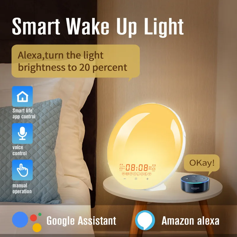 WiFi Smart Sunrise Alarm Clock Wake-up Light RGB APP Control Sunlight Simulation Night Light Sleep Aid with Speaker White Noise