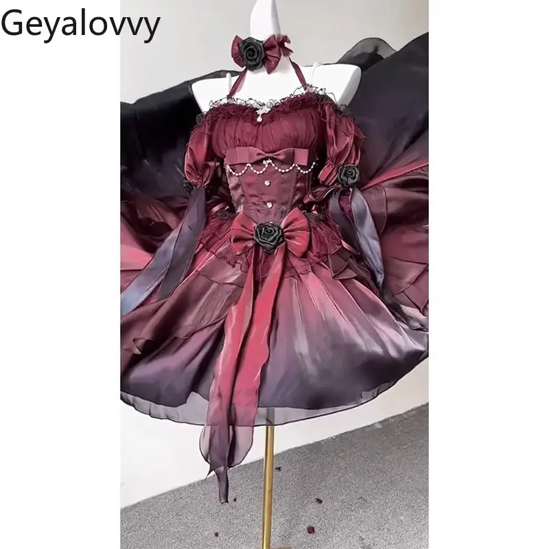 الأسود والأحمر التغيير التدريجي الحلو عالية الخصر فستان الزفاف لوليتا كلمة واحدة طوق الرقبة القوس رقيق فساتين حفلات الأميرة