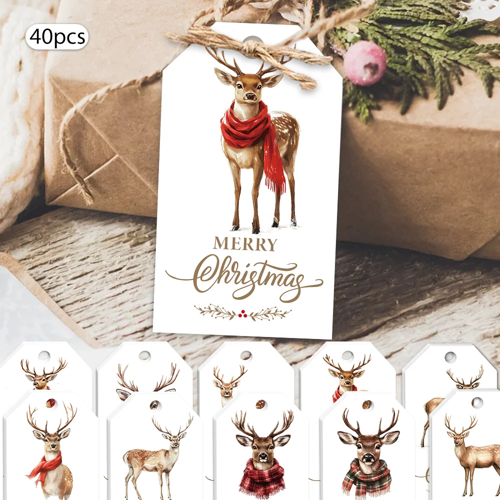40個、クリスマスタグ、ギフトラベル、パーティーデコレーション、DIYカード、ホリデーホームデコレーション、グリーティングカード、パーティーカード、ギフト紐