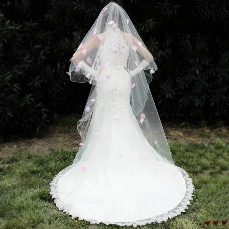 Romantic Wedding Veil Dress Pink Petals Decoration Veil Layers Tulle Ribbon Edge Bridal Veils 2023